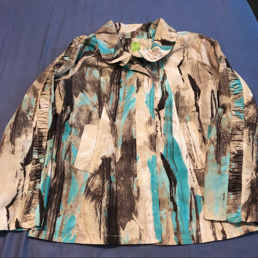 Adam Jacobs Silky Windbreaker Jacket Full Front Zipper 2 Slip Pockets Blue/Brown